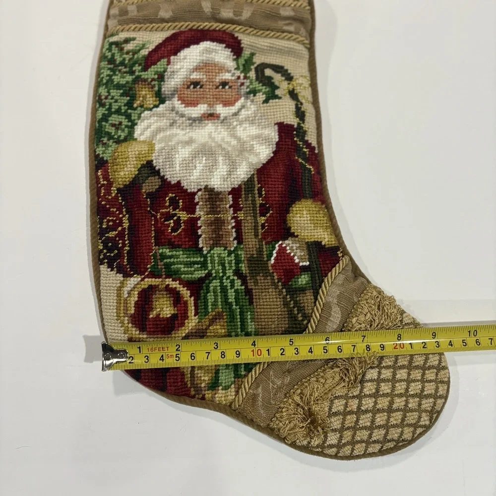 Vintage Santa Claus Wool Needlepoint Christmas Stocking Gold Velvet Backing 15